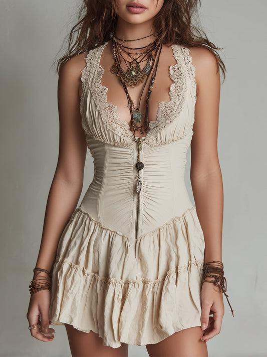 Cotton Mini Dress With Lace Trim And Ruffled Hem