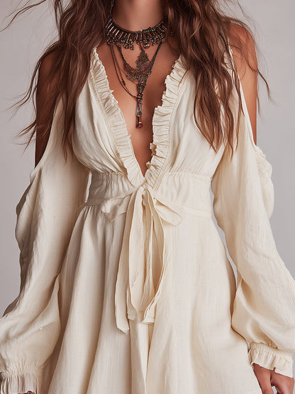 Boho Cotton Mini Dress With Cutout Shoulders And Lantern Sleeves