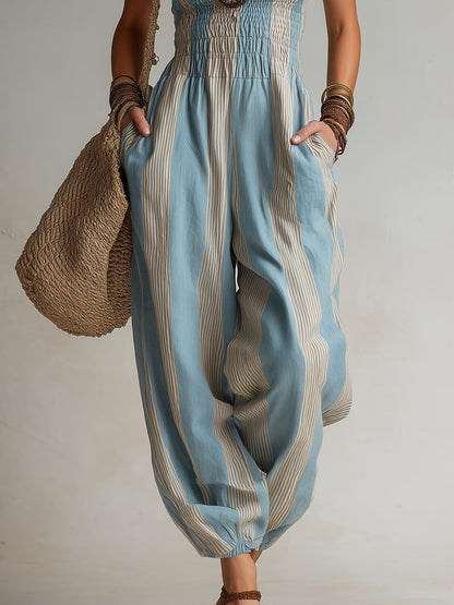 Striped Smocked Ruffled Straps Balloon Jumpsuit