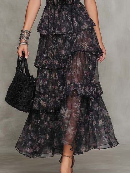 Gothic Floral Corset Tiered Chiffon Midi Dress