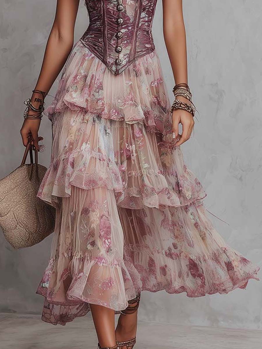 Bohemian Corset Tiered Chiffon Floral Midi Dress