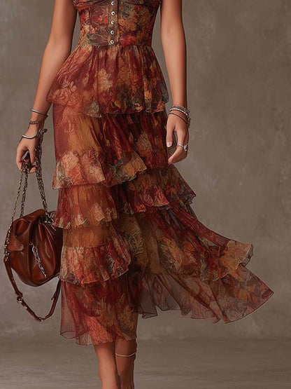 Bohemian Tiered Chiffon Midi Dress In Floral Print