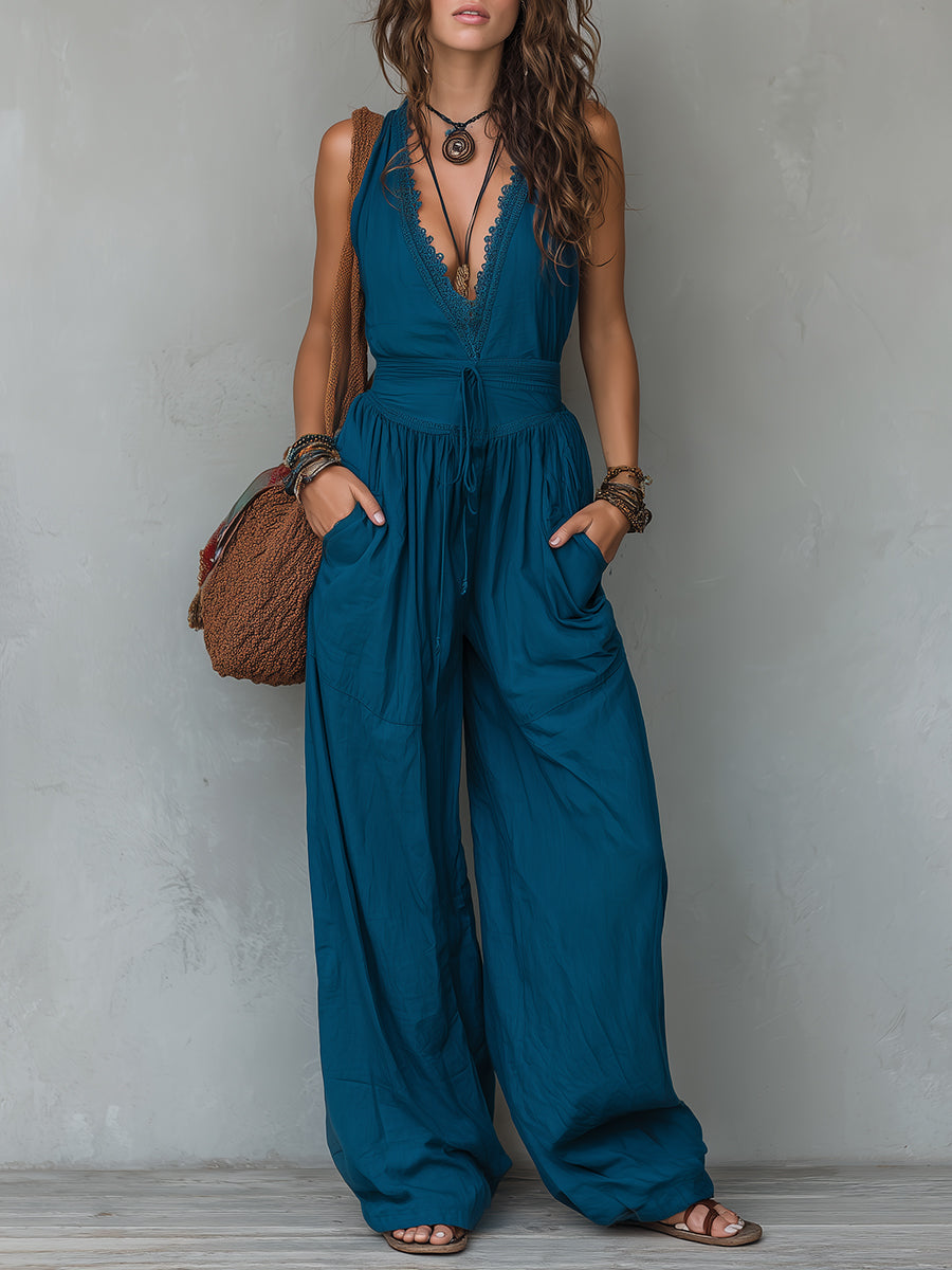 Lace-Trimmed Sleeveless Wide-Leg Jumpsuit