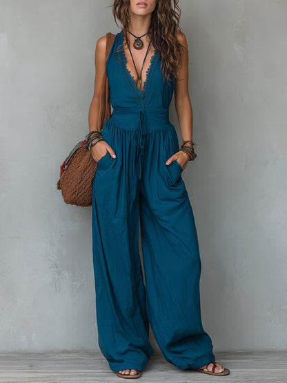 Lace-Trimmed Sleeveless Wide-Leg Jumpsuit
