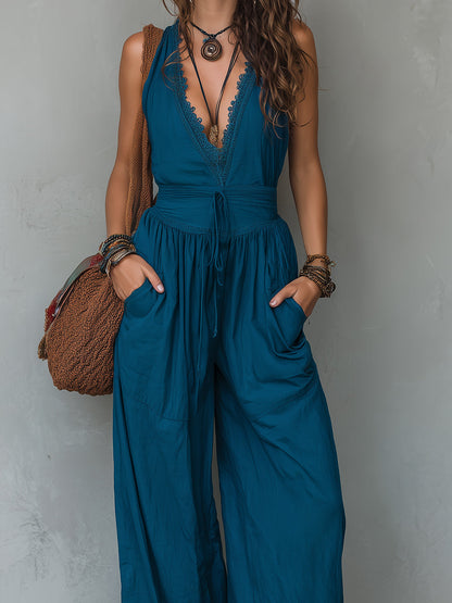 Lace-Trimmed Sleeveless Wide-Leg Jumpsuit
