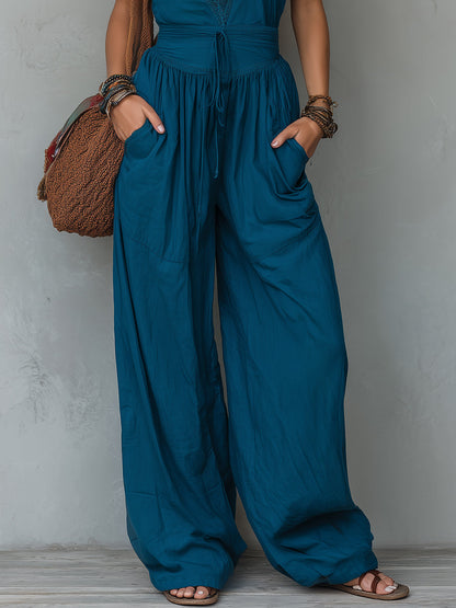 Lace-Trimmed Sleeveless Wide-Leg Jumpsuit