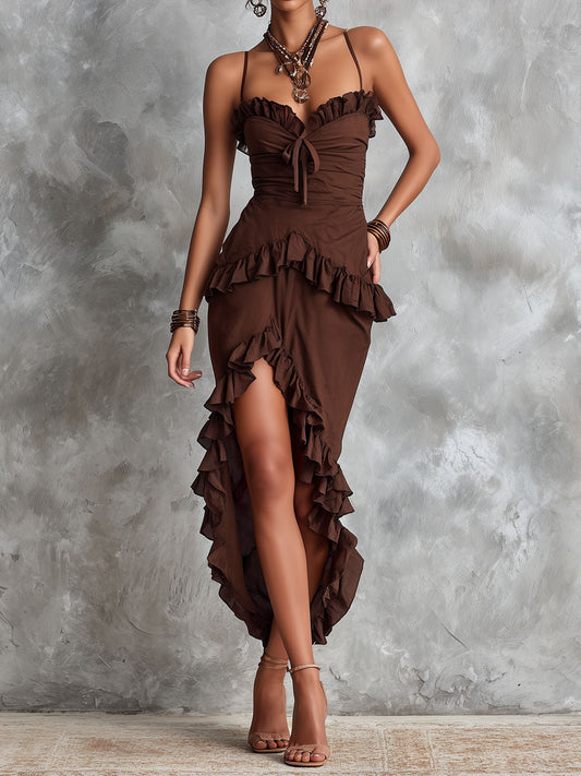 Boho Chocolate Brown Ruffle High-Low Dress