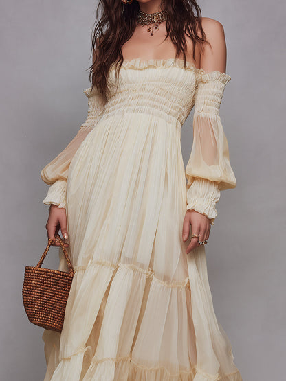 Romantic Shirred Off-the-Shoulder Chiffon Maxi Dress