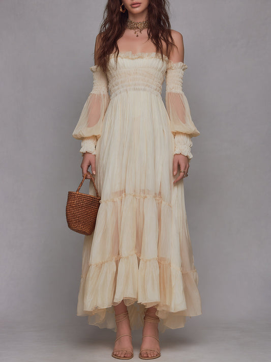Romantic Shirred Off-the-Shoulder Chiffon Maxi Dress