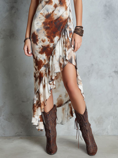 Boho Earth-Tone Tie-Dye Wrap Ruffled Strap Midi Dress