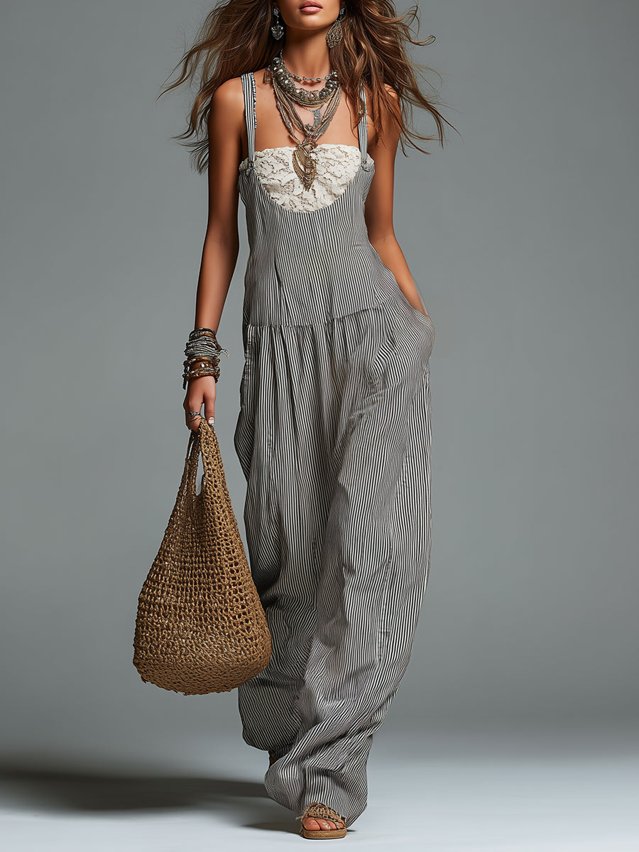 Retro Striped Wide-Leg Overalls (Includes Lace Bandeau)