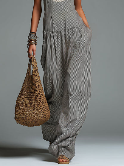 Retro Striped Wide-Leg Overalls (Includes Lace Bandeau)