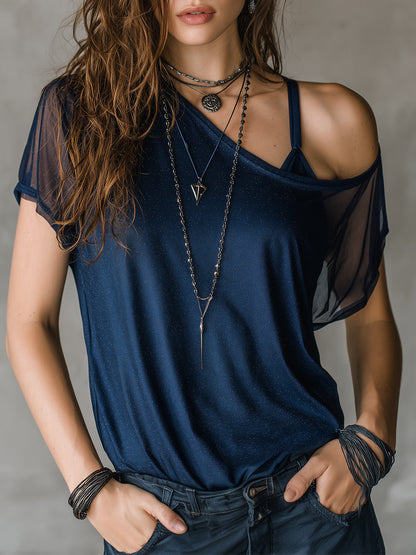 Retro Shiny Chiffon-Paneled Short-Sleeve T-Shirt
