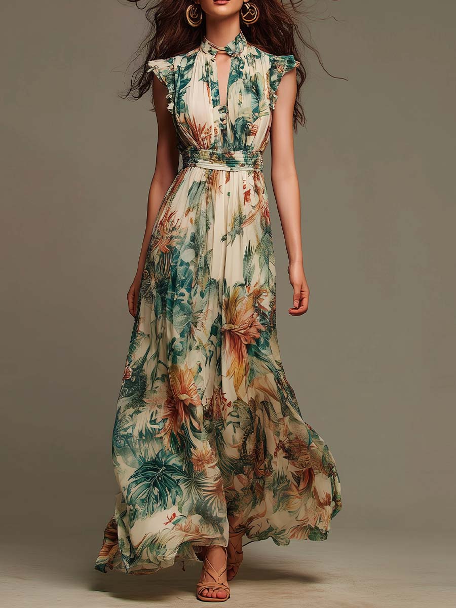 Tropical Jungle Print Ruffled Sleeveless Chiffon Maxi Dress