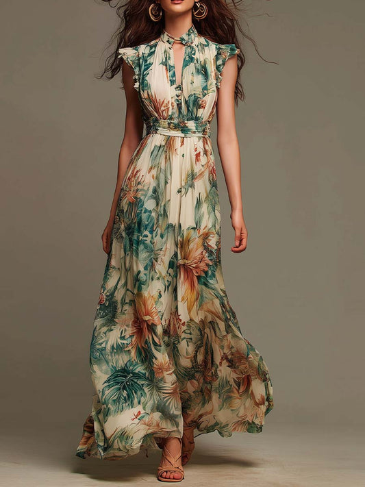 Tropical Jungle Print Ruffled Sleeveless Chiffon Maxi Dress