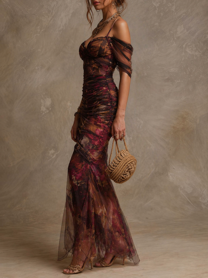 Vintage Floral Print Off-the-Shoulder Ruched Mesh Mermaid Maxi Dress
