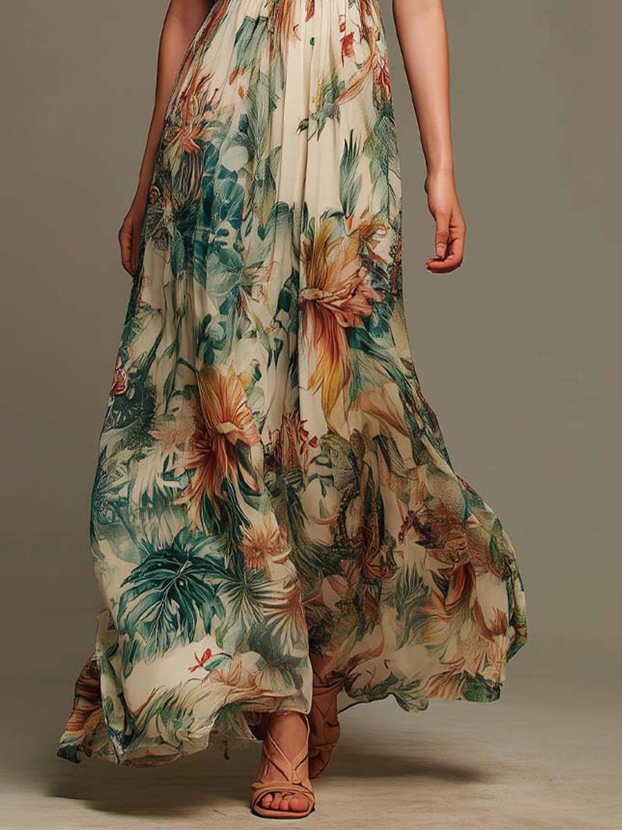 Tropical Jungle Print Ruffled Sleeveless Chiffon Maxi Dress