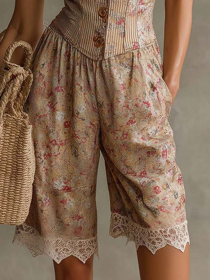 Retro Floral Cotton Twill Vest Style Romper with Lace Trim and Cutout Neckline
