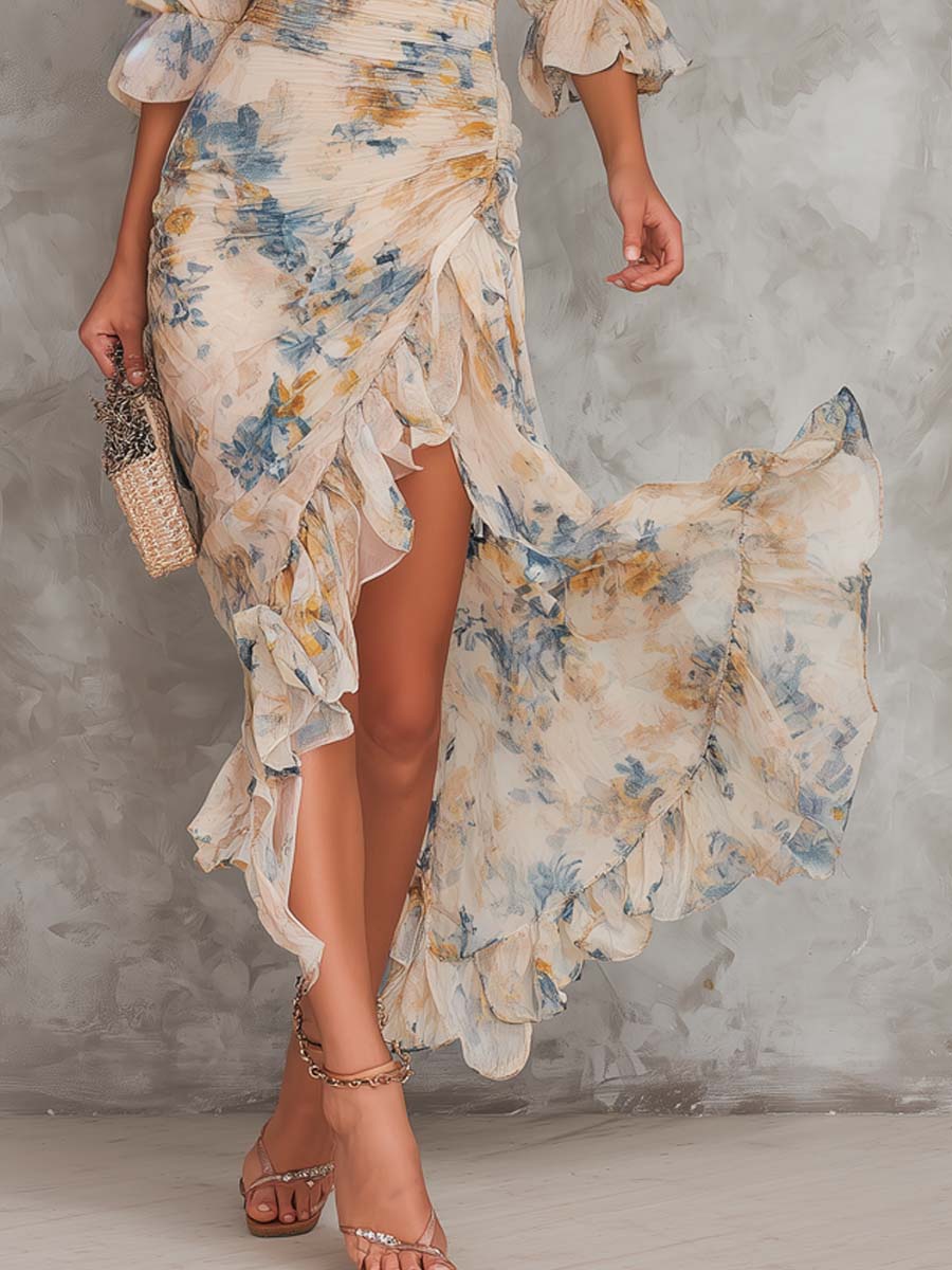 Vintage Oil-Painting Style Floral Ruffled Ruched Maxi Dress