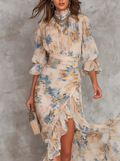 Vintage Oil-Painting Style Floral Ruffled Ruched Maxi Dress