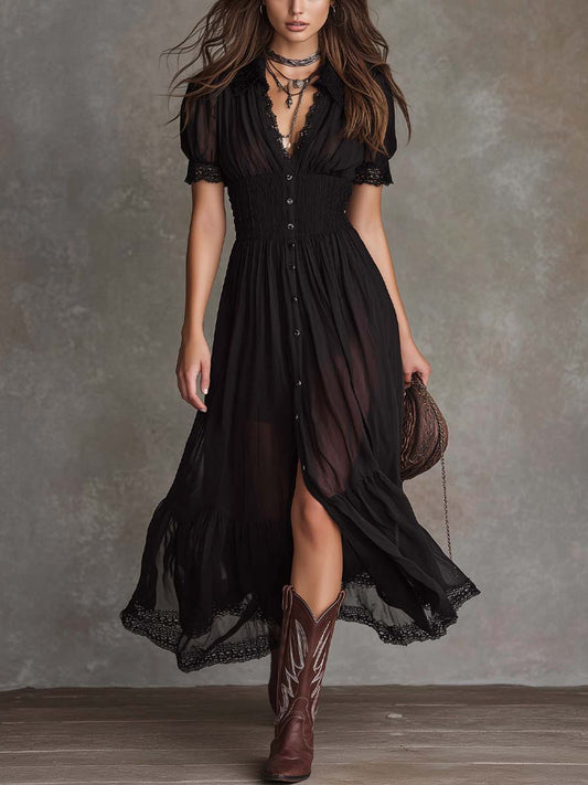 Retro Lace-Trimmed Shirt Chiffon Midi Dress