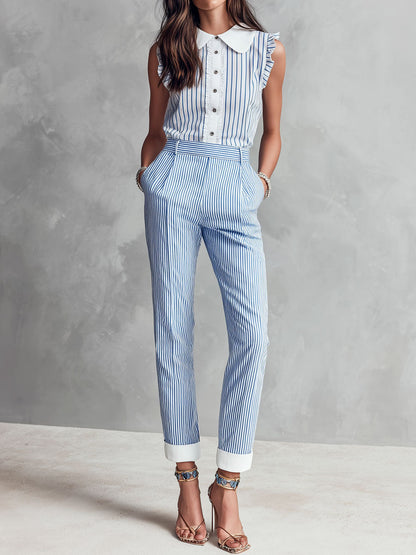 Boho Casual Collared Blue Pinstripe Sleeveless Bloue And Pants Sey