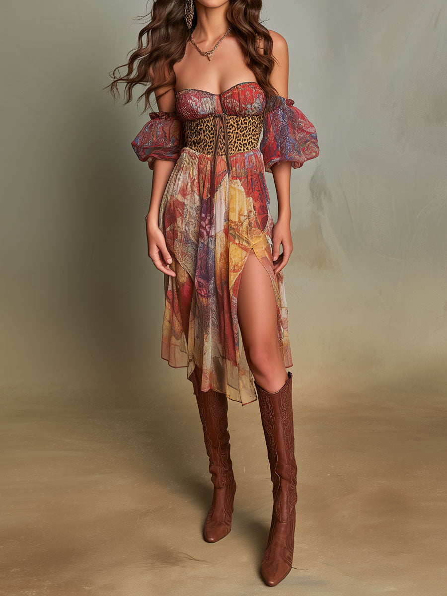 Boho Cold-Shoulder Mixed Print Chiffon Dress With Slit