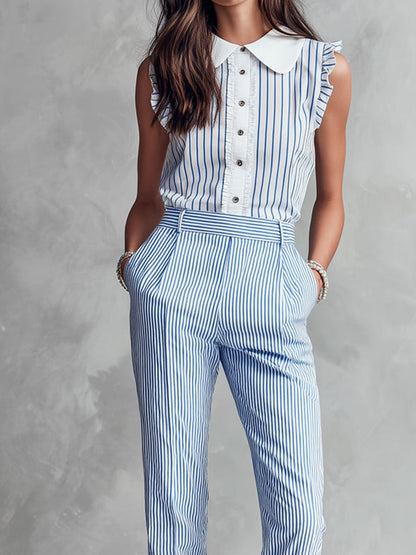 Boho Casual Collared Blue Pinstripe Sleeveless Bloue And Pants Sey