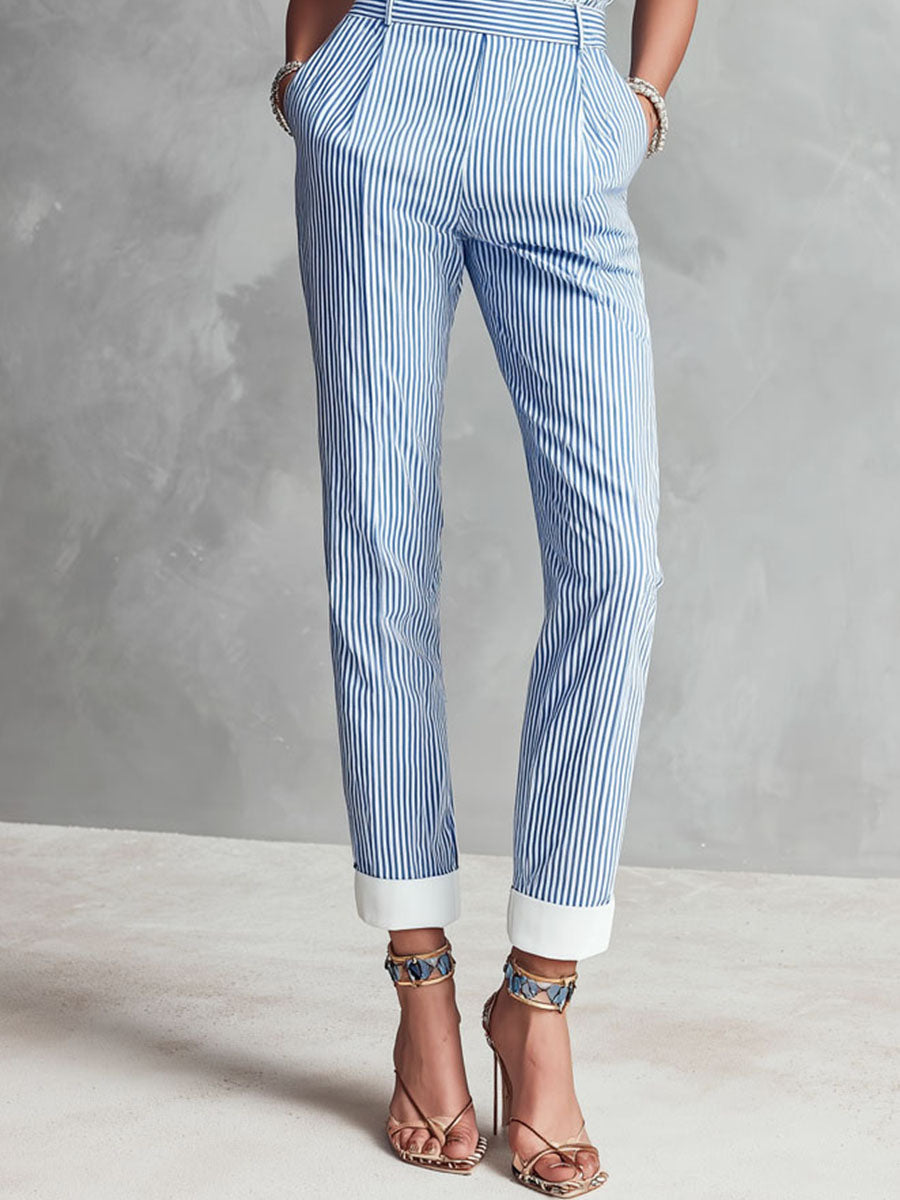 Boho Casual Collared Blue Pinstripe Sleeveless Bloue And Pants Sey