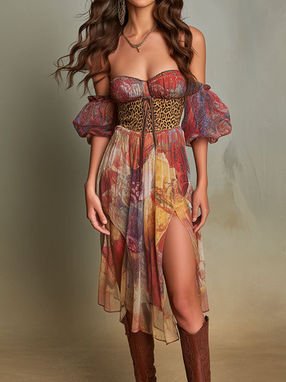 Boho Cold-Shoulder Mixed Print Chiffon Dress With Slit