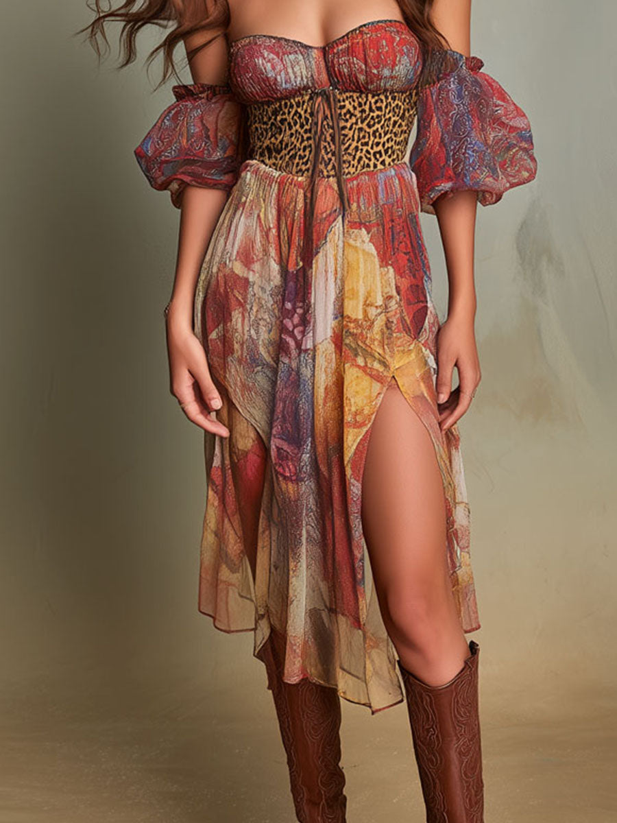 Boho Cold-Shoulder Mixed Print Chiffon Dress With Slit
