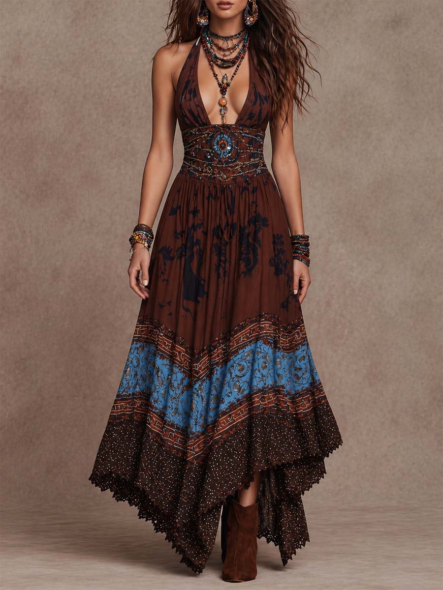 Bohemian Tribal Print Halter Handkerchief Maxi Dress