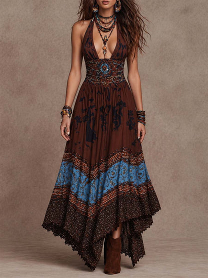 Bohemian Tribal Print Halter Handkerchief Maxi Dress