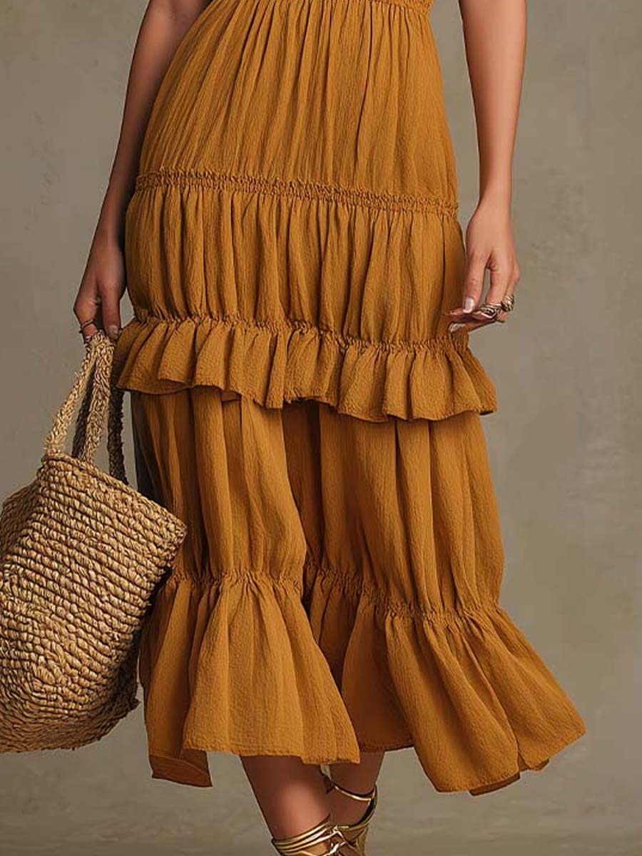 Bohemian Mustard Smocked Tiered Cotton Midi Dress