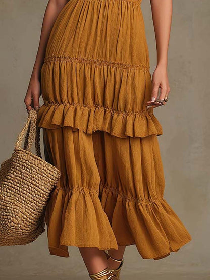 Bohemian Mustard Smocked Tiered Cotton Midi Dress