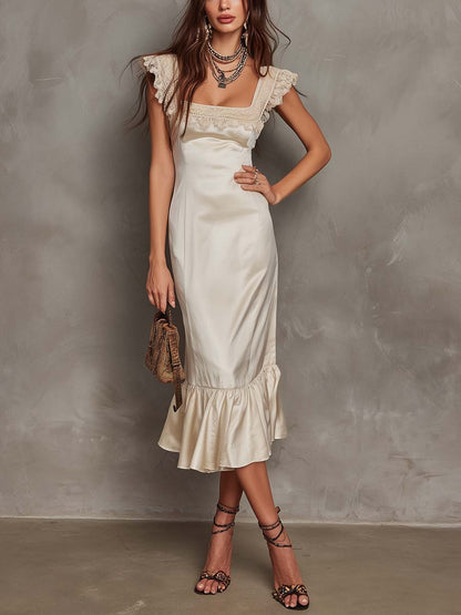 Retro Square-Neck Polyester Satin Midi Dress With Lace Trim