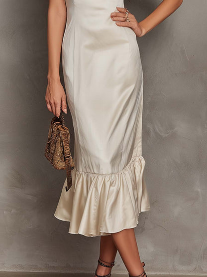 Retro Square-Neck Polyester Satin Midi Dress With Lace Trim