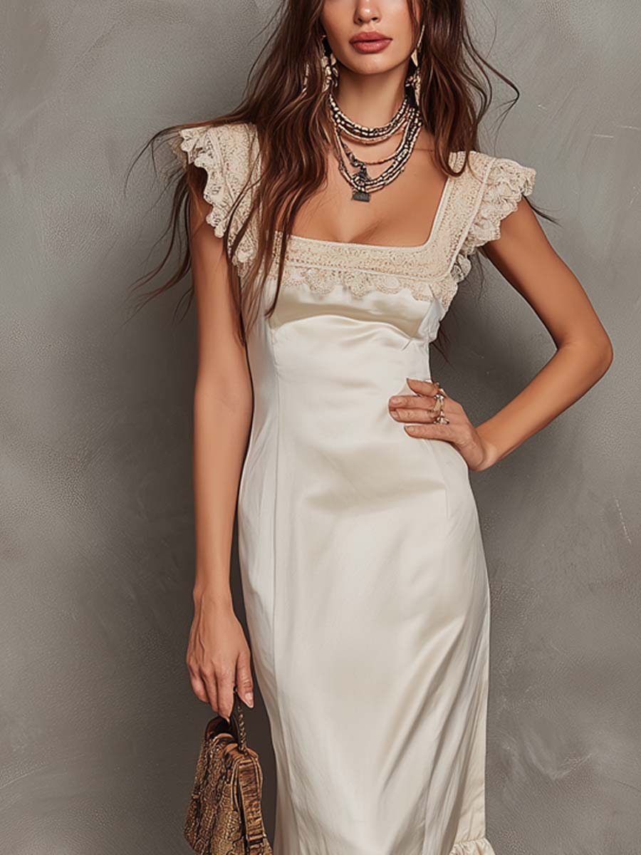 Retro Square-Neck Polyester Satin Midi Dress With Lace Trim