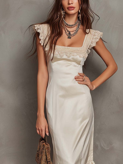 Retro Square-Neck Polyester Satin Midi Dress With Lace Trim
