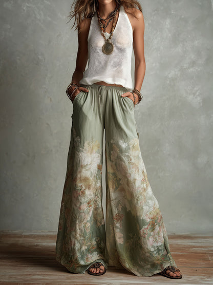 Boho Mesh Knit Tanl And Floral Wide-Leg Pants Set