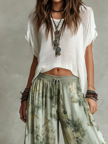 Boho-Chic Knit T-shirt And Floral Balloon Pants Set