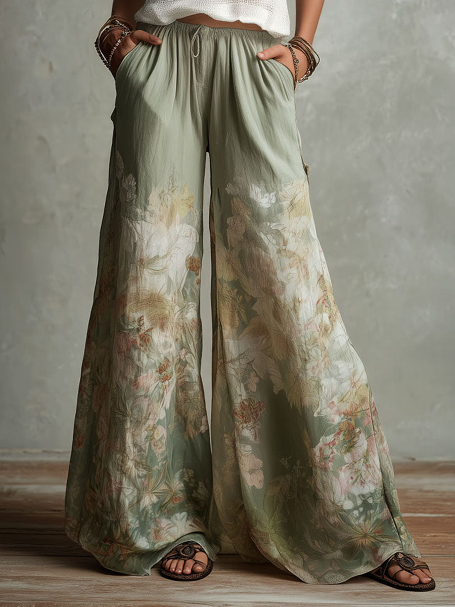 Boho Mesh Knit Tanl And Floral Wide-Leg Pants Set
