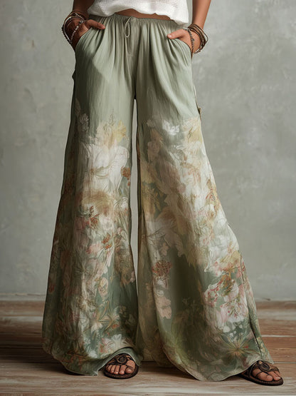 Boho Mesh Knit Tanl And Floral Wide-Leg Pants Set