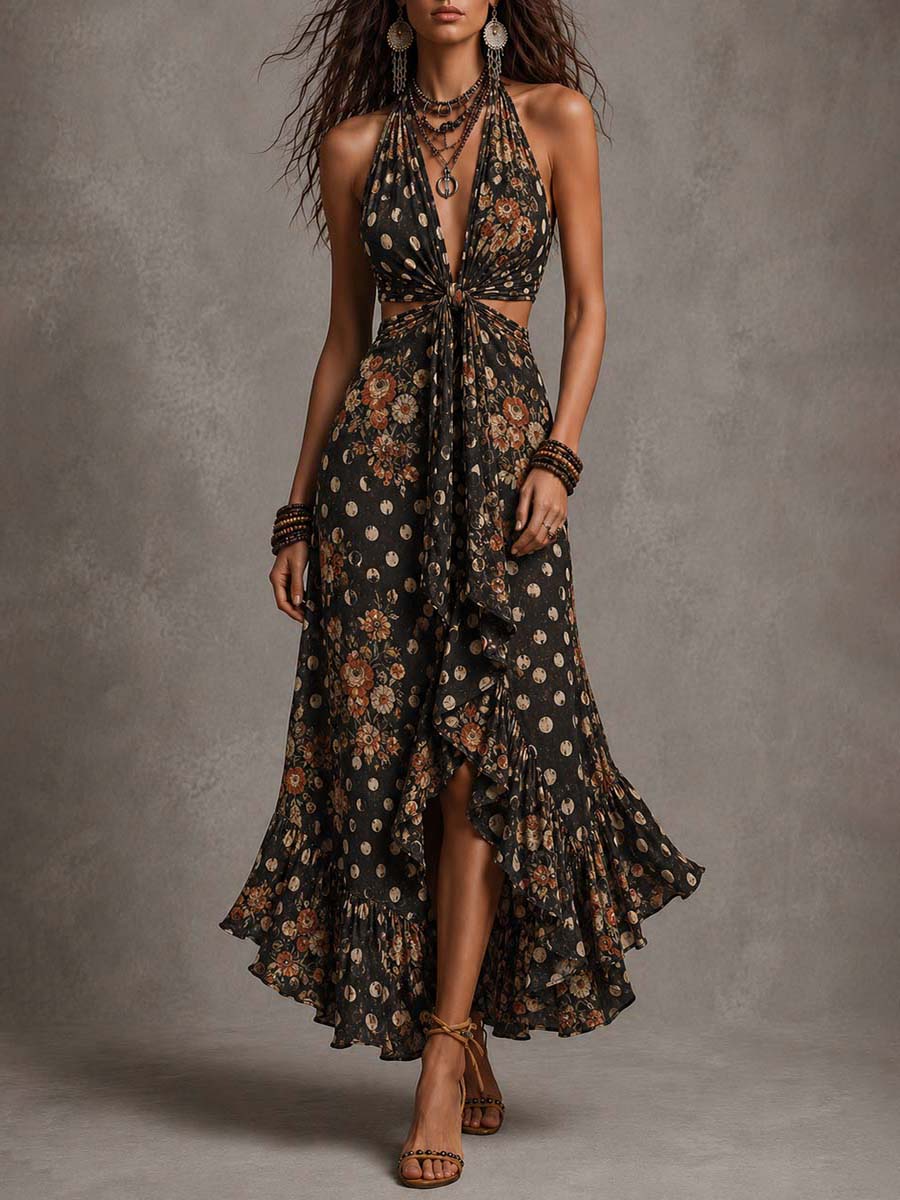 Bohemian Floral Moon Print Halter Cutout Midi Dress