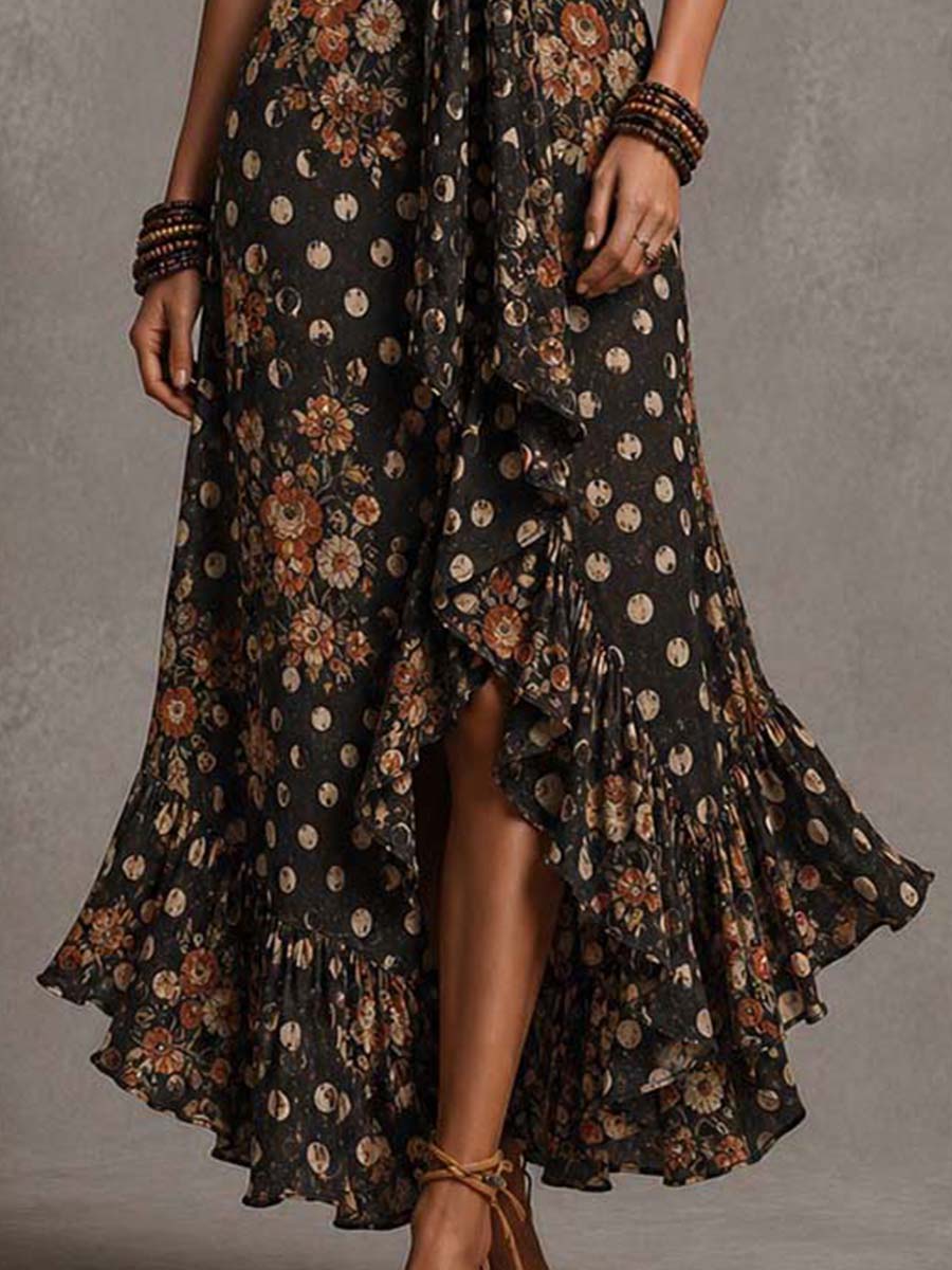 Bohemian Floral Moon Print Halter Cutout Midi Dress