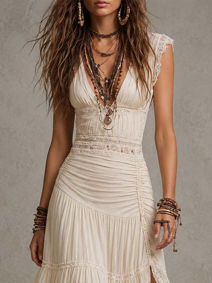 Bohemian Cream Knit-Cotton Lace Trim Maxi Dress