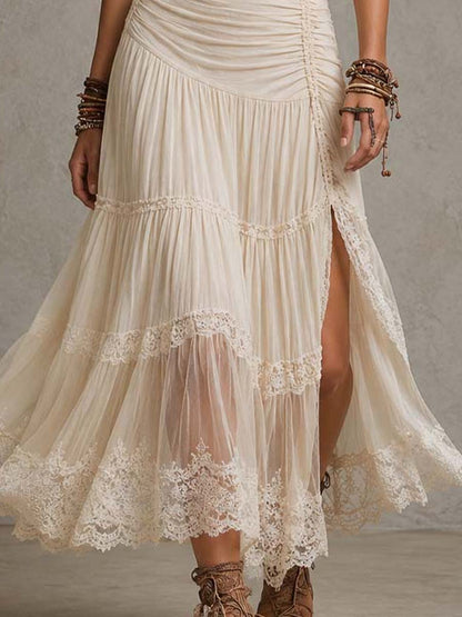 Bohemian Cream Knit-Cotton Lace Trim Maxi Dress
