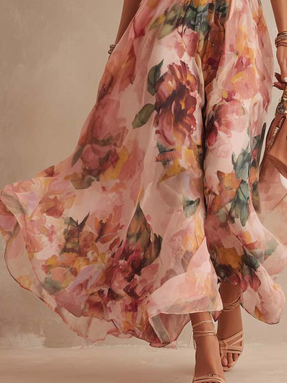 Retro One-Shoulder Oil-Painting Style Floral Chiffon Midi Dress