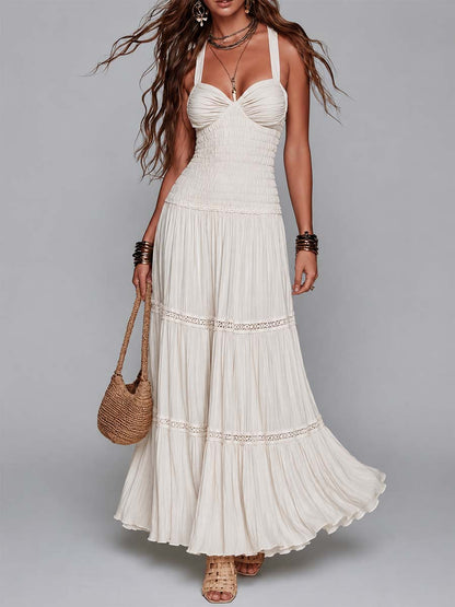 Bohemian Cream Smocked Tiered Halter Maxi Dress