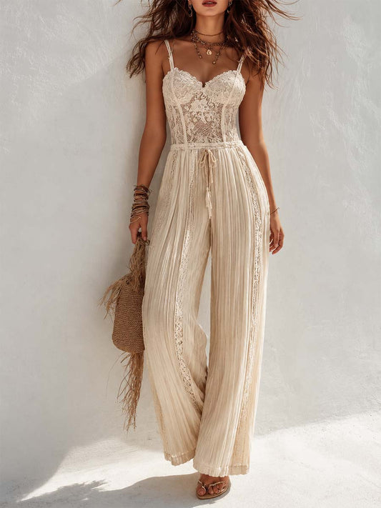 Bohemian Cream Lace Corset And Pleated Wide-Leg Jumpsuit